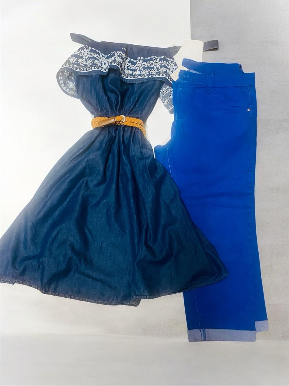 Justice Denim-Look Blue with Pink Logo Tag & pair of crop pants